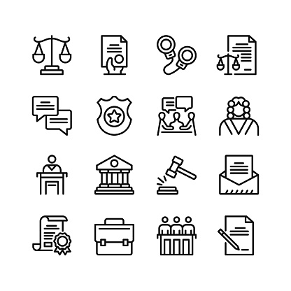 Law line icons. Set of outline symbols, simple graphic elements, modern linear style black pictograms collection. Vector icons set