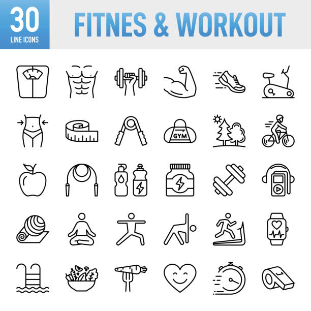 illustrazioni stock, clip art, cartoni animati e icone di tendenza di fitness & workout - set di icone vettoriali a linea sottile. pixel perfetto. per mobile e web. il set contiene icone: stile di vita sano, esercizio fisico, sport, alimentazione sana, palestra, benessere, dieta, assistenza sanitaria e medicina, bilancia dei - weights dieting apple healthy eating