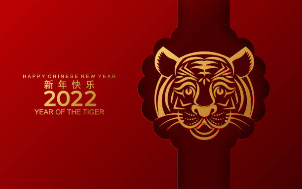 Tiger 2022 961 Chinese new year 2022 year of the tiger red and gold flower and asian elements paper cut with craft style on background.( translation : chinese new year 2022, year of tiger chinese new year stock illustrations
