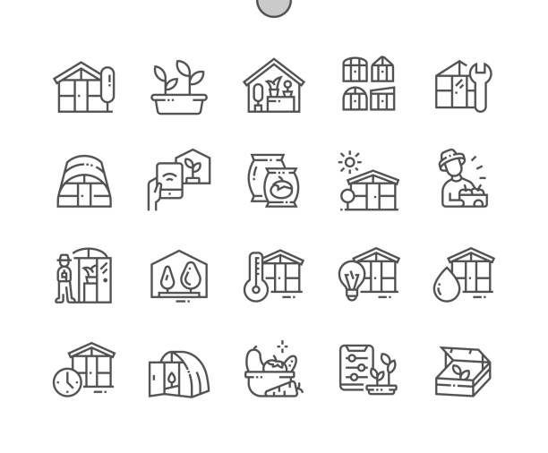 gewächshaus. bauer und ernte. intelligentes gewächshaus. gartenarbeit und landwirtschaft. pixel perfect vector thin line icons. einfaches minimales piktogramm - greenhouse stock-grafiken, -clipart, -cartoons und -symbole