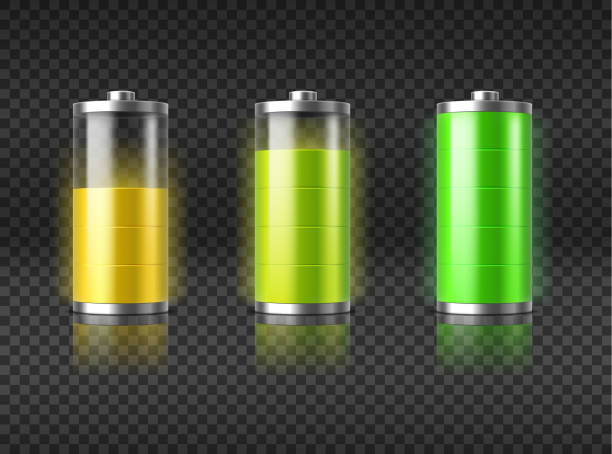 istock Battery charging status from haft charge level to full with yellow and green glowing light indicator 1344634140