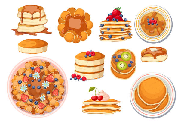Set of Fresh Hot Pancakes with Different Toppings. Pancakes on White Plate, Baking with Maple Syrup or Honey, Berries Set of Fresh Hot Pancakes with Different Toppings. Pancakes on White Plate, Baking with Maple Syrup or Honey, Berries, Fruits, Cream and Butter. Tasty Breakfast Concept. Cartoon Vector Illustration hot mix plant stock illustrations