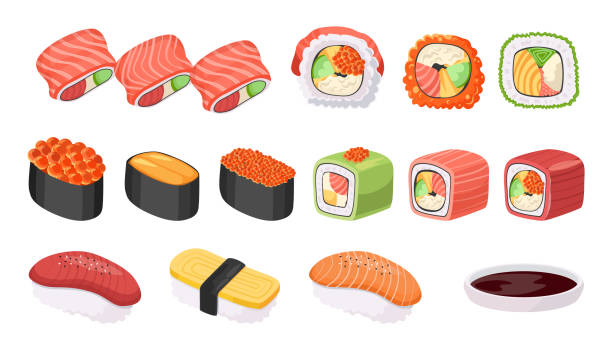 Sushi Và Cuộn Ẩm Thực Nhật Bản Thực Phẩm Nhật Bản Với Cá Và Rong Biển Hải  Sản Gunkanmaki Ikura Tobiko Và Uni Bộ Uramaki Hình minh họa Sẵn có - Tải