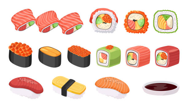 Sushi Và Cuộn Ẩm Thực Nhật Bản Thực Phẩm Nhật Bản Với Cá Và Rong Biển Hải Sản Gunkanmaki Ikura Tobiko Và Uni Bộ Uramaki Hình minh họa Sẵn có - Tải Sushi Và Cuộn Ẩm Thực Nhật Bản Thực Phẩm Nhật Bản Với Cá Và Rong Biển Hải Sản Gunkanmaki Ikura Tobiko Và Uni Bộ Uramaki Hình minh họa Sẵn có - Tải
