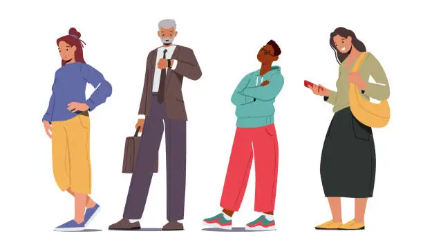 Vector illustration of People Waiting in Queue, Male and Female Characters Stand in Line Look on Wrist Watch, Messaging or Boring. People Wait