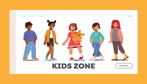 Kids Zone Landing Page Template. Smiling Multiracial Boys and Girls Toddlers Characters Wearing Fashionable Clothes Kids Zone Landing Page Template. Smiling Multiracial Boys and Girls Toddlers Characters Wearing Fashionable Clothes. Children Smile, Positive Emotions, Friendship. Cartoon People Vector Illustration junior high age stock illustrations