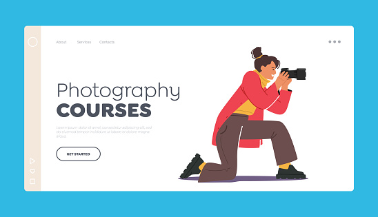 Photography Courses Landing Page Template. Female Photographer with Photo Camera Making Picture. Creative Hobby, Woman Paparazzi Character with Professional Equipment. Cartoon Vector Illustration