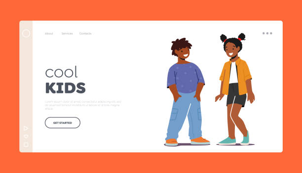 Cool Kids Landing Page Template. Cute Couple Kindergarten or Preteen Ages Little Boy and Girl Happily Smiling Together Cool Kids Landing Page Template. Couple Kindergarten or Preteen Ages Little Boy and Girl Happily Smiling Together. Cute African Children Male and Female Characters. Cartoon People Vector Illustration junior high age stock illustrations