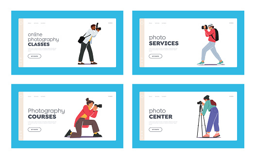 Professional Photographers with Photo Camera Landing Page Template Set. Creative Profession or Occupation. Characters Photographing, Take Photo Shot. People Creative Hobby. Cartoon Vector Illustration