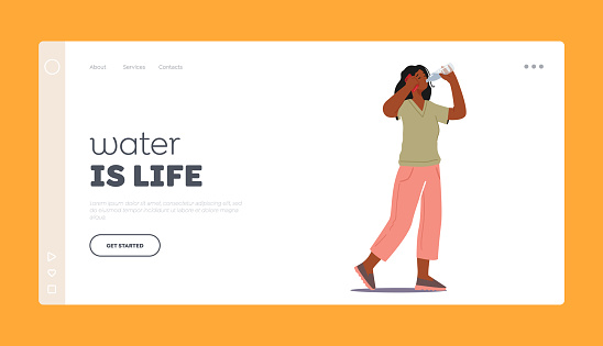 Healthy Lifestyle, Pure Aqua Refreshment, Wellbeing and Body Care Landing Page Template. Fit Female Character Drinking Water from Bottle while Speaking by Mobile Phone. Cartoon Vector Illustration