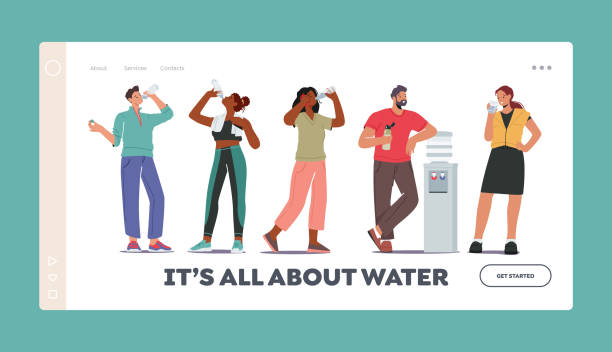 stockillustraties, clipart, cartoons en iconen met thirsty people drink fresh water landing page template. characters young and adults drinking cold aqua from cooler - drinking water
