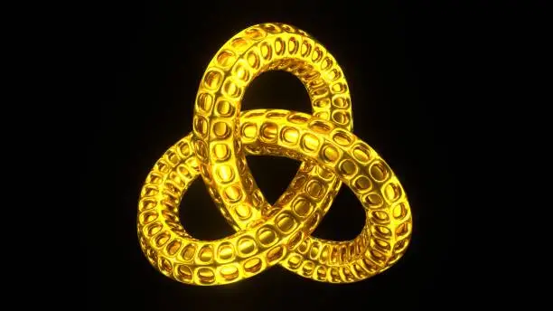 Golden triquetra. Mystical celtic 3d render of triad and thor symbol. Magical ancient sign of the movement of the sun with yellow scales. The trefoil is the embodiment of protection and fire.