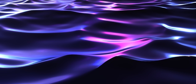 Dark neon waves with flares of night city surface. Purple laser water 3d render splashes with blue lights of urban futuristic. Bright shimmer with reflections of synthwave electro effects