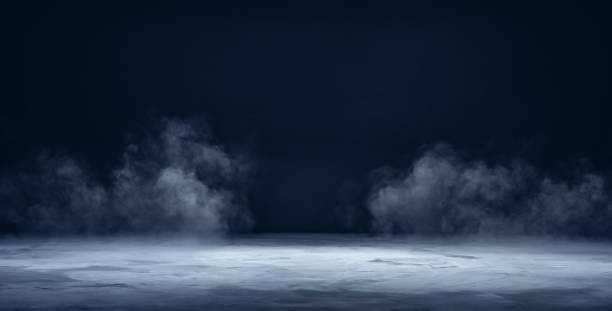 Gray textured concrete platform, podium or table with smoke in the dark stock photo