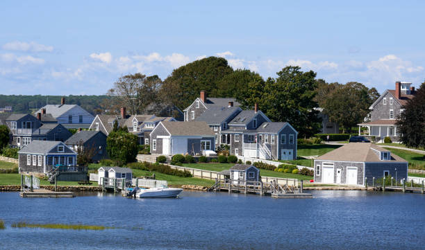 waterfront houses in westport point, ma on a clear summer day - waterfront imagens e fotografias de stock