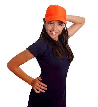Latin teen girl hispanic ethnicity pensive girl with orange cap isolated on white