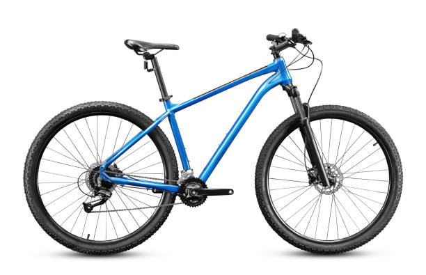 New mountain bicycle with 29 inches wheels and blue frame isolated on white background. New cross country mountain bicycle with 29 inches wheels and blue frame isolated on white background. brake disc photos stock pictures, royalty-free photos & images