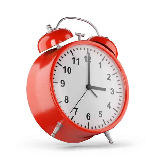 istock Red alarm clock tilted up to the right, alarm clock on a white background. 3d render. 1344645176