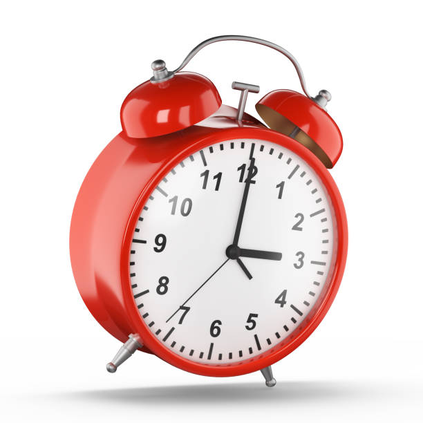 istock Red alarm clock tilted downwards, alarm clock on a white background. 3d render. 1344645177
