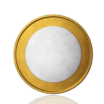 Front view. A blank gold coin with a silver center. 3d render.