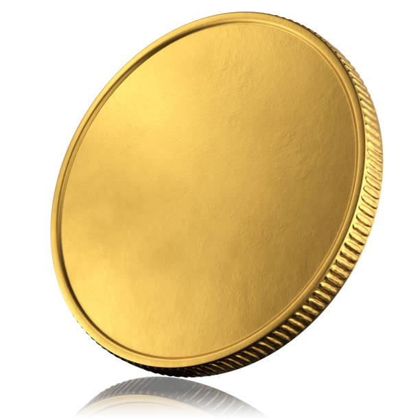 Blank template for gold coin or medal with metallic texture. The coin is turned sideways. 3d render. stock photo