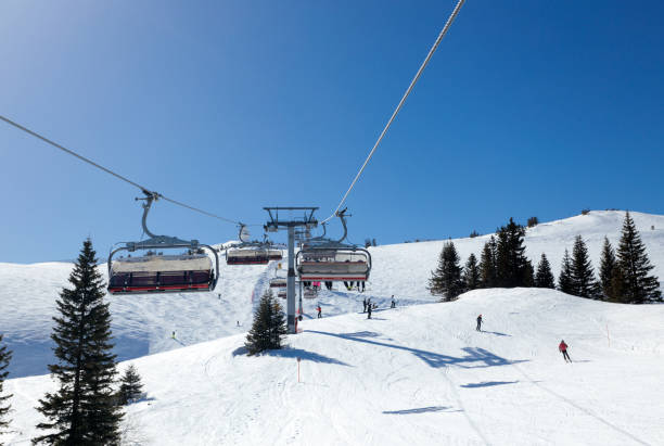 narciarze jeżdżący na wyciągu krzesełkowym nad linią drzew w pogodny słoneczny dzień - skiing winter snow mountain zdjęcia i obrazy z banku zdjęć