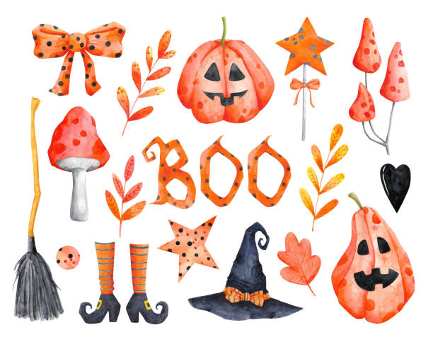 Halloween set Halloween clip art set isolated on white. Autumn, Fall holiday clipart collection. Watercolor Helloween pumpkin, toadstool, broomstick, leaf illustrations. watercolor lantern set stock illustrations