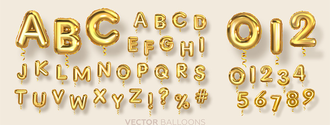 English alphabet and numbers Balloons. Helium balloons. Gold balloons for text, letter, holiday. Festive, realistic set. Letters from A to Z. Vector illustration.