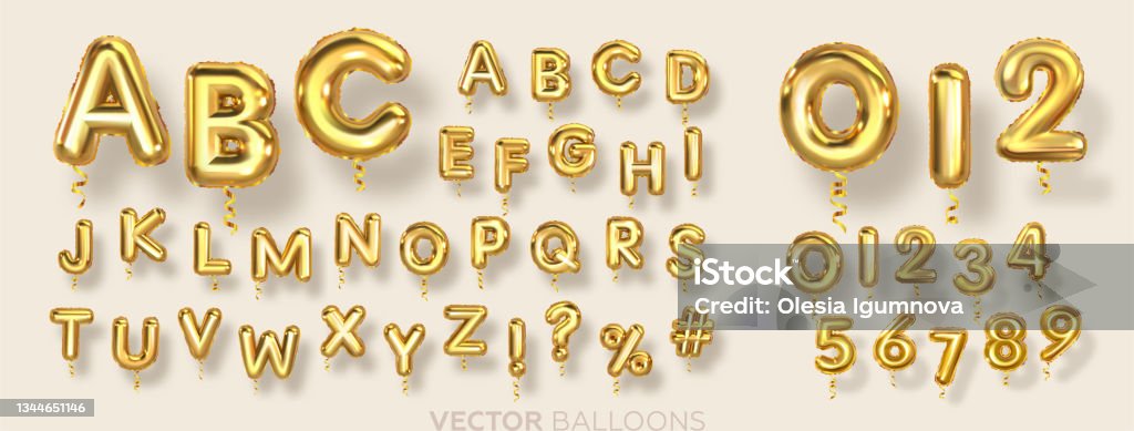 English alphabet and numbers Balloons English alphabet and numbers Balloons. Helium balloons. Gold balloons for text, letter, holiday. Festive, realistic set. Letters from A to Z. Vector illustration. Balloon stock vector