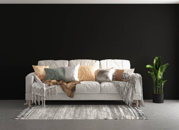 Interior living studio mock-up, black wall and sofa.