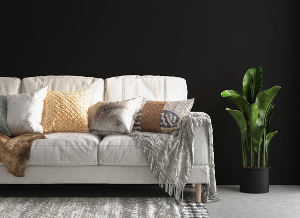 istock Interior living studio mock-up, black wall and sofa. 1344651179