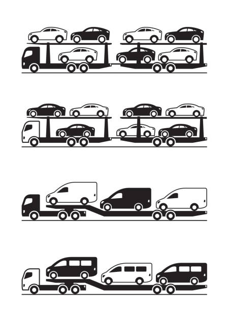 ciężarówki przewożące samochody osobowe, pickupy, suv-y i furgonetki - truck semi truck pick up truck car transporter stock illustrations