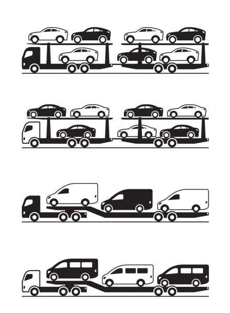 ilustrações, clipart, desenhos animados e ícones de caminhão que transportava carros, picapes, suv e vans - truck semi truck pick up truck car transporter