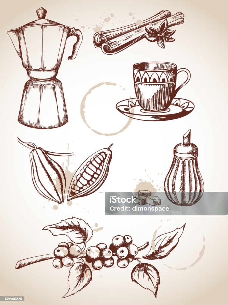 vintage café y de cacao - arte vectorial de Chocolate caliente libre de derechos