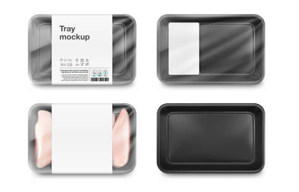 Set of black tray container mockups. Vector illustration isolated on white background. Layered template file easy to use for your design, promo, adv. EPS10. black meat tray stock illustrations