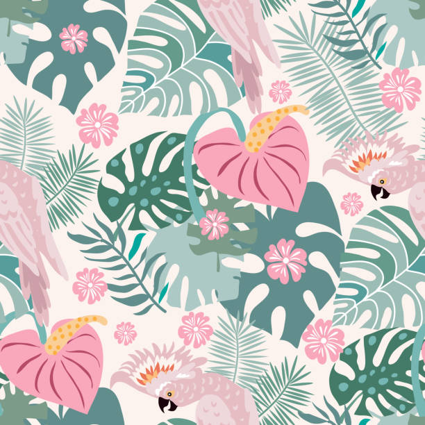 Beautiful tropical  seamlless pattern with  tropical parrots, colorful exotic Birds, leaves, flowers Beautiful tropical  seamlless pattern with  tropical parrots, colorful exotic Birds, leaves, flowers, plants  art print for travel and holiday, fashion, textile, web,  posters, wallpapers  Vector illustration  EPS 10 parrots beak heliconia stock illustrations