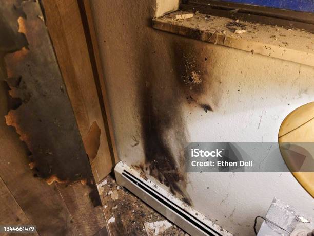 Fire Damage To Wall Stock Photo - Download Image Now - Damaged, Fire - Natural Phenomenon, Smoke - Physical Structure