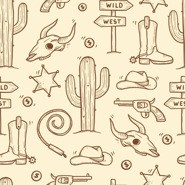Cowboy western doodle seamless pattern Cowboy western doodle seamless pattern. Hand drawn sketch line style. Cowboy shoe, cow skull, gun, cactus element. Wild west vector illustration. wanted poster illustrations stock illustrations