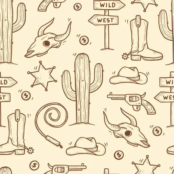 Vector illustration of Cowboy western doodle seamless pattern