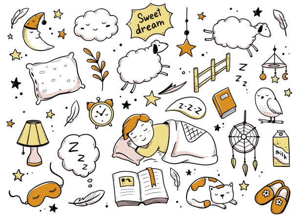 Sleep, relax time, dream night doodle set Sleep, relax time, dream night doodle set. Concept comfort night sleep time. Hand drawn sketch style. Moon, cat, star, lamp element. Vector illustration on white background. pillow illustrations stock illustrations