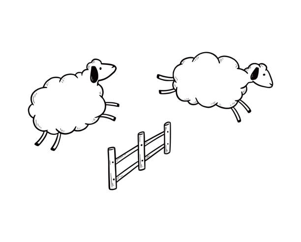 Hand drawn cute jump sheep Hand drawn cute jump sheep. Doodle sketch style. Concept of sleep time, insomnia. Isolated vector illustration. sheep stock illustrations