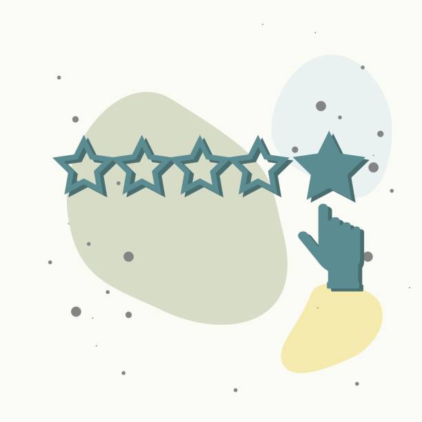 istock Vector icon of customer feedback. The client's hand clicks on the asterisk. Customer review on multicolored background. 1344662096