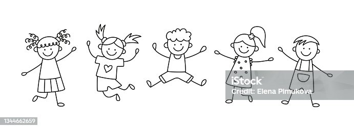 istock A group of happy jumping kids at a birthday party. Children in festive hats jump on a fun holiday. Hand drawn children drawing. Vector illustration isolated in doodle style on white background 1344662659