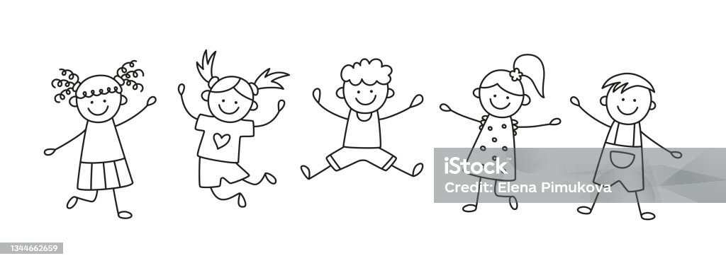 A group of happy jumping kids at a birthday party. Children in festive hats jump on a fun holiday. Hand drawn children drawing. Vector illustration isolated in doodle style on white background A group of happy jumping kids at a birthday party. Children in festive hats jump on a fun holiday. Hand drawn children drawing. Vector illustration isolated in doodle style on white background. Child stock vector