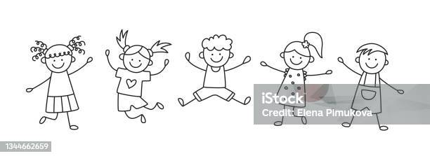 A Group Of Happy Jumping Kids At A Birthday Party Children In Festive Hats Jump On A Fun Holiday Hand Drawn Children Drawing Vector Illustration Isolated In Doodle Style On White Background Stock Illustration - Download Image Now