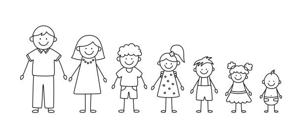 Happy doodle stick mans family. Set of hand drawn figure of family. Mother, father and kids. Vector illustration isolated in doodle style on white background Happy doodle stick mans family. Set of hand drawn figure of family. Mother, father and kids. Vector illustration isolated in doodle style on white background. stick figure stock illustrations