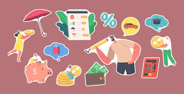 Vector illustration of Set of Stickers Family Budget Planning Concept. People Earn and Save Money for Purchases, T Characters Collect Coins
