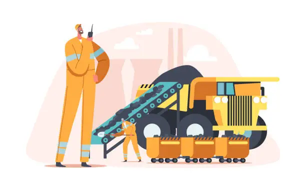 Vector illustration of Coal Mining, Extraction Industry Concept. Miner Character Loading Coal in Truck. Engineers Work on Quarry with Transport