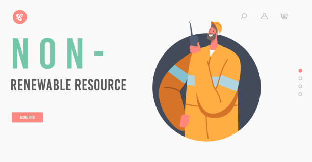 Non-renewable Resource Landing Page Template. Quarry Miner Character at Work, Coal Mining Industry Concept. Mine Worker Non-renewable Resource Landing Page Template. Quarry Miner Character at Work, Coal Mining Industry Concept. Mine Worker in Uniform and Helmet Holding Walkies-Talkie. Cartoon Vector Illustration nonrenewable resources stock illustrations
