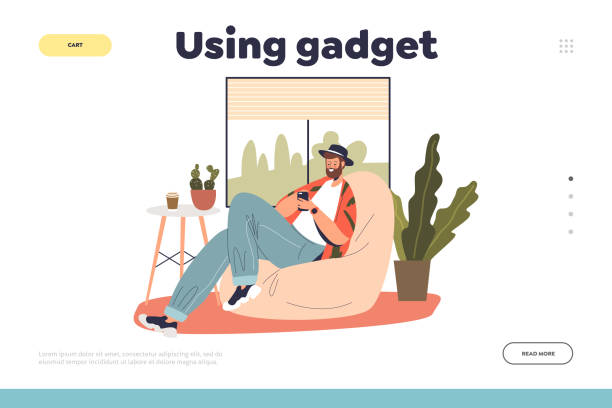 Using gadgets concept of landing page with young man relaxing at home with smartphone in hands vector art illustration